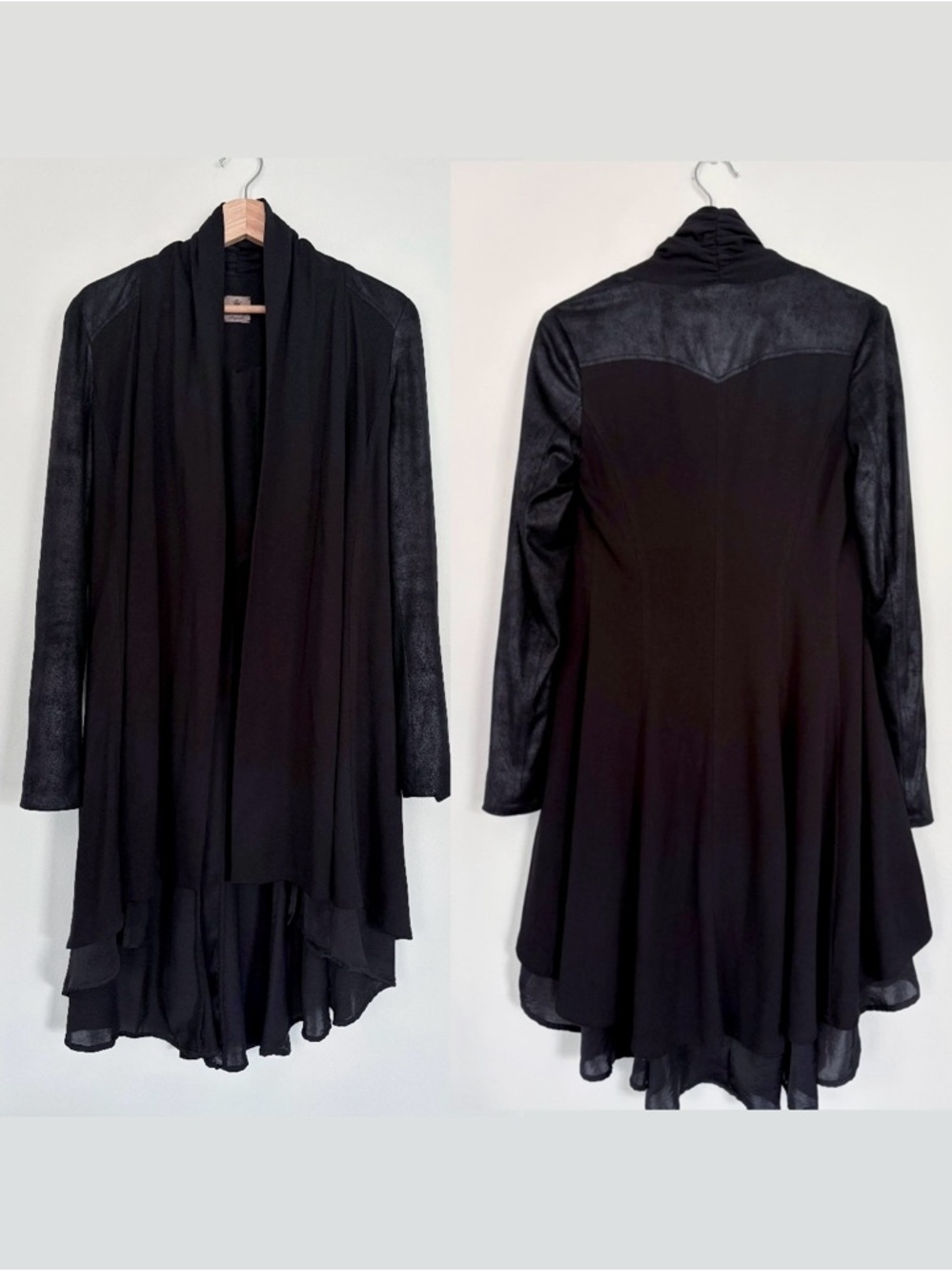 SW3 Bespoke || Contrast Sleeve Faux Leather Jacket Cardigan Shawl Collar Black S